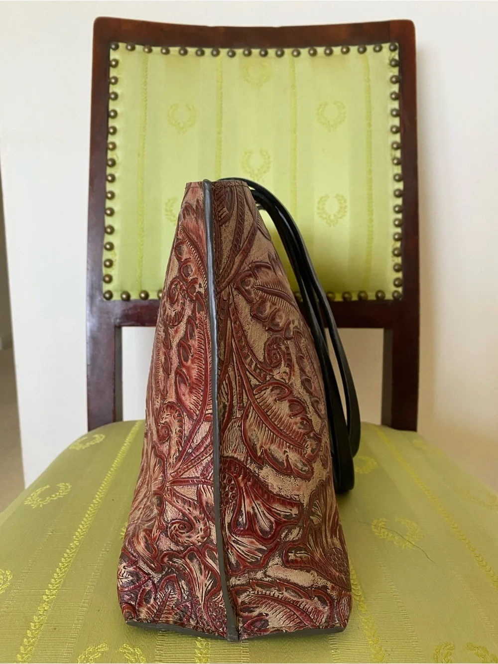 B May Western Floral Embossed Tooled Leather Tote Bag Maroon Oxblood Boho Rustic